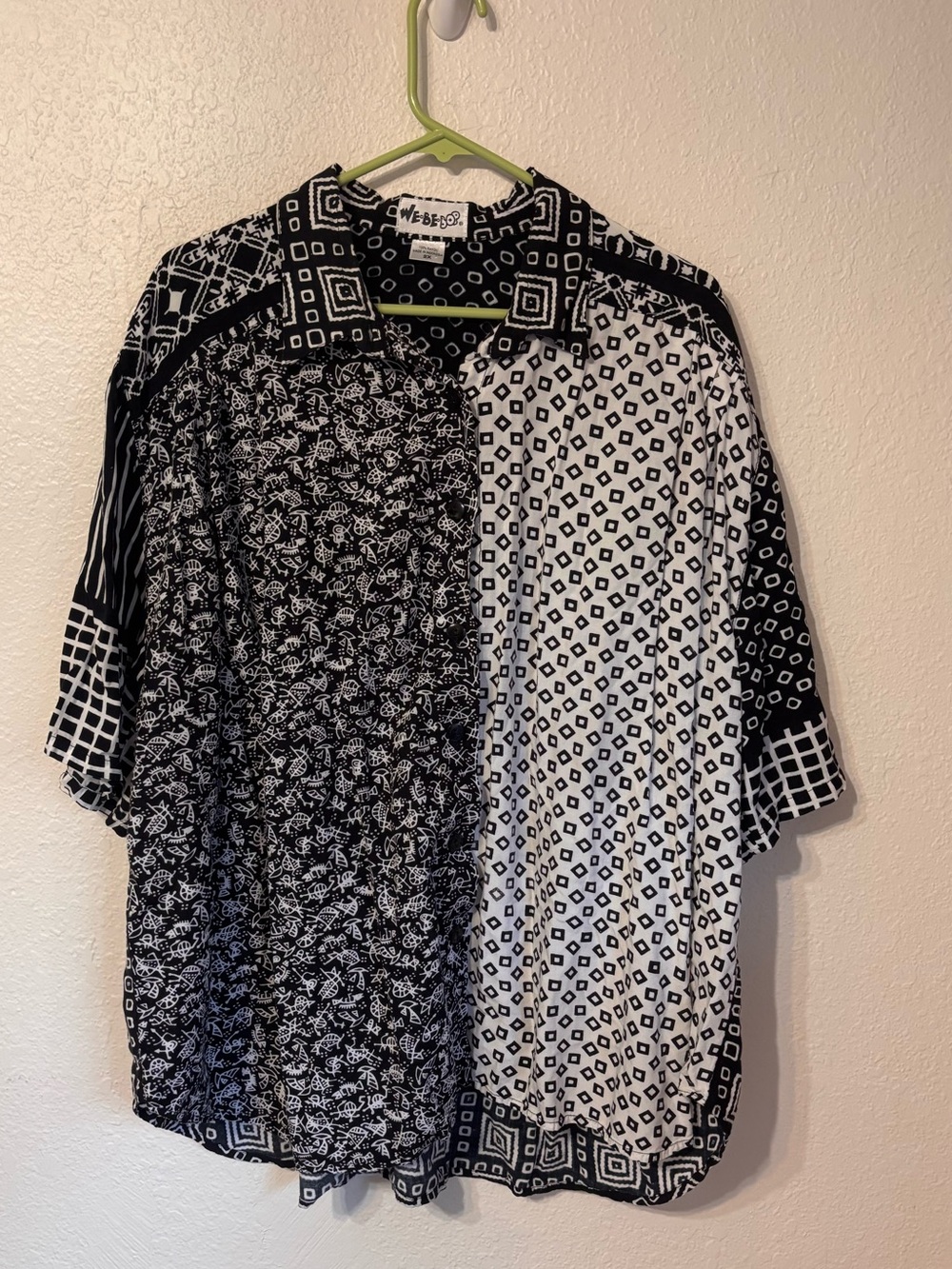 We Be Bop Black and White Mixed Print Button Down Shirt 2X
